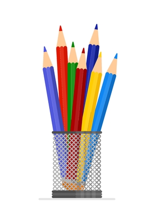 Set of pencils in stand.Cartoon flat vector illustration. Objects isolated on a background.のイラスト素材