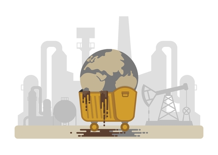 Polluted planet in a dumpster. Factories polluting the Earth.Conceptual image of a bad environment and hagryazneniya water, air, soil.Objects isolated on a white background. Flat vector illustration.のイラスト素材
