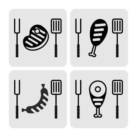 Set of the grill menu products.BBQ black icons. Top view. BBQ Grill Party card. Image for barbecue party poster and invitation. Objects isolated on a white background. Flat vector illustration.のイラスト素材
