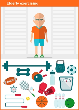 Elderly man in a sports hall. A set of sports equipment. Active lifestyle. Elderly exercises. Objects isolated on a white background. Flat vector illustration.のイラスト素材