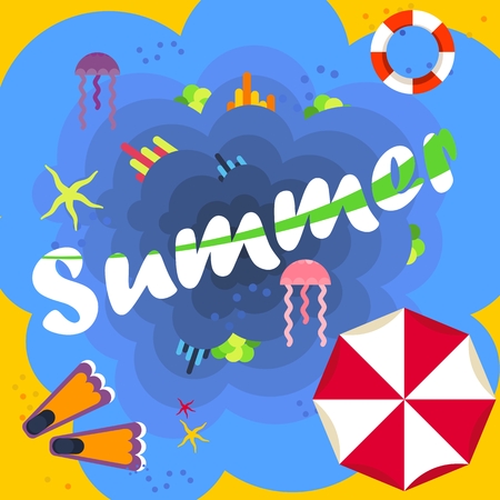 Summertime traveling template with beach summer accessories. Summer Time in Beach Sea. Objects isolated on background. Flat and cartoon vector illustration.のイラスト素材