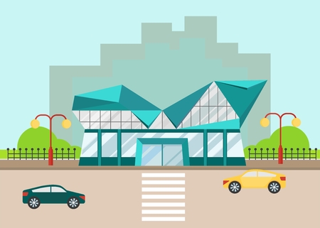 Shopping center with modern facade and low poly roof. Objects isolated on background. Flat and cartoon vector illustration.のイラスト素材