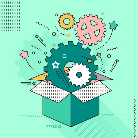 Outside the box gear mechanism. Think outside the box creative idea. Gear icon. Objects isolated on background. Flat and cartoon vector illustration.のイラスト素材