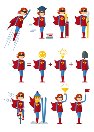 Set of images of female superhero. The characters on the theme of business, education, success, victory in the competition. Objects isolated on white background. Flat cartoon vector illustration.のイラスト素材