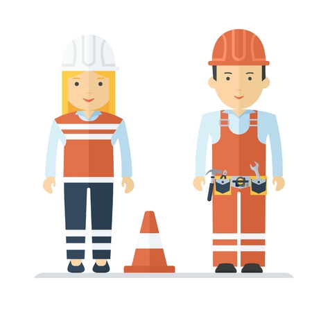 Man and woman in a bright reflective work clothes. Characters on the profession, repair and road construction, uniform, staff. Objects isolated on white background. Flat cartoon vector illustration.のイラスト素材