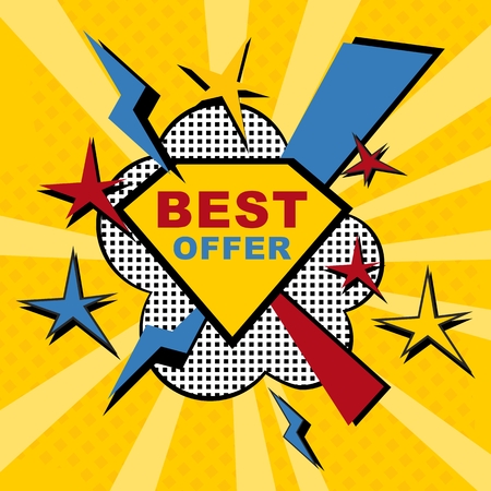 Sticker best offer for sale in comic style. Objects isolated on white background. Flat cartoon vector illustration.のイラスト素材