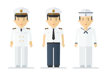 Set of sailor man in uniform. Objects isolated on white background. Flat cartoon vector illustration.のイラスト素材