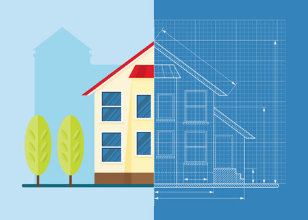 Wireframe blueprint drawing of classic house. Objects isolated on white background. Flat cartoon vector illustration.のイラスト素材