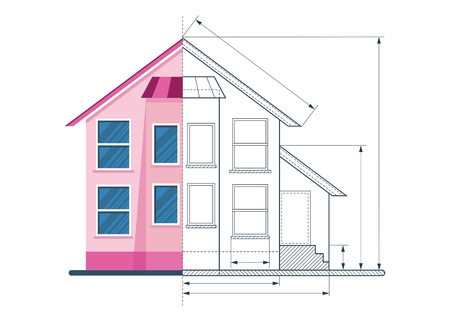 Wireframe blueprint drawing of classic house. Objects isolated on white background. Flat cartoon vector illustration.のイラスト素材
