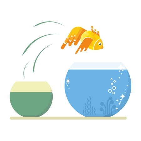Goldfish jumping out of the dirty little fishbowl to another aquarium with clean and clear water. Objects isolated on white background. Flat cartoon vector illustration.のイラスト素材