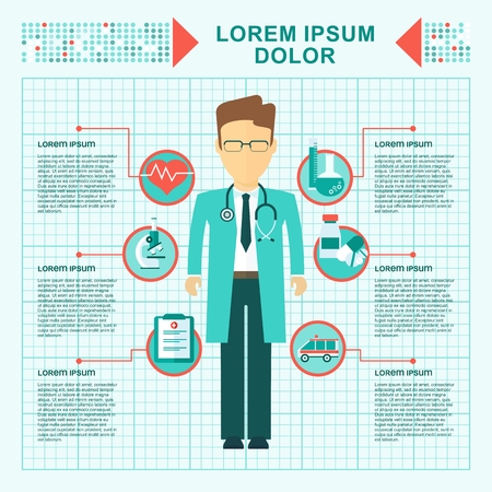 Medicine healthcare services concept. Medical infographics elements. Objects isolated on white background. Flat cartoon vector illustration.のイラスト素材