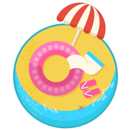 Top view sunny sandy beach on the ocean. Template for advertising a summer holiday and resorts in the tropics. Poolside image. Cartoon flat vector illustration. Objects isolated on a white background.のイラスト素材