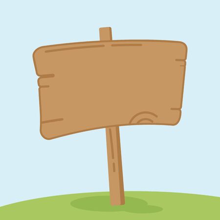 Old wooden signpost on the green sunny meadow. The signs and landmarks for travelers. Cartoon flat vector illustration. Objects isolated on a white background.のイラスト素材