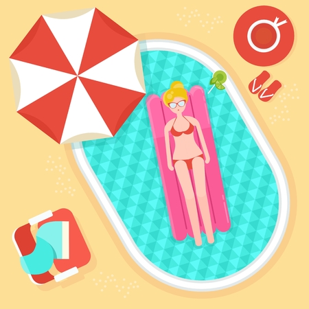 Girl on swimming mattress in poolside. Template for advertising price tags, menus, booklets, leaflets. Summer image. Cartoon flat vector illustration. Objects isolated on a white background.のイラスト素材