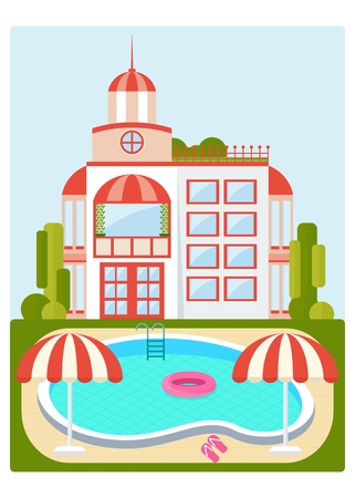 Clear blue swimming pool near the home. Poolside image. Template for advertising price tags, booklets, leaflets. Summer image. Cartoon flat vector illustration. Objects isolated on a white background.のイラスト素材