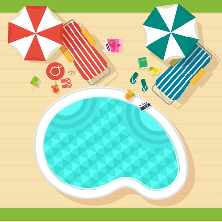 Fashionable blue swimming pool for a summer holiday. Top view. Template for advertising price tags, booklets, leaflets. Cartoon flat vector illustration. Objects isolated on a white background.のイラスト素材