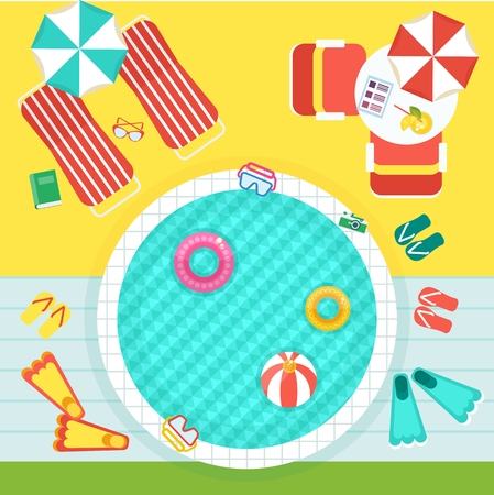 Fashionable blue swimming pool for a summer holiday. Top view. Template for advertising price tags, booklets, leaflets. Cartoon flat vector illustration. Objects isolated on a white background.のイラスト素材