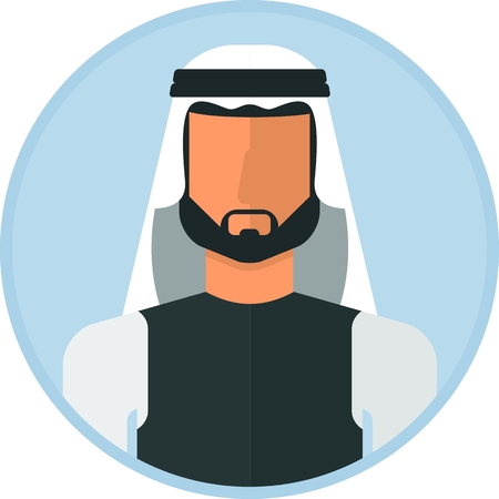 Arabic muslim man image. Template of portret for infographic posters. Cartoon flat vector illustration. Objects isolated on a white background.のイラスト素材