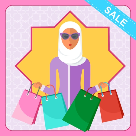 Modern beautiful arabic beautiful woman with shopping bags. Discounts at the mall. Template for advertising, booklets. Cartoon flat vector illustration. Objects isolated on a white background.のイラスト素材