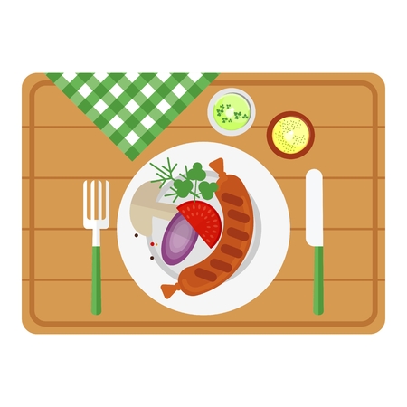 Set meal cooked on the grill. Tools for grilling. Outdoor activities. Cartoon flat vector illustration. Objects isolated on a white background.のイラスト素材
