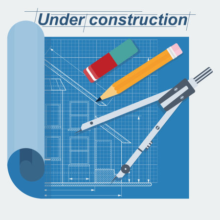 Vector construction blueprint. Technical drawing with pencil, eraser and pair of compasses. Flat cartoon illustration. Objects isolated on a white background.のイラスト素材
