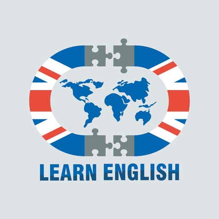 Vector learning english concept with World map. Elements for marketing, advertising design, promotion, branding and media. Flat cartoon illustration. Objects isolated on a white background.のイラスト素材