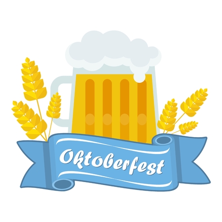 Vector Oktoberfest. A mug of German beer, malt. Beer Oktoberfest German festival. Design elements for advertising and media. Flat cartoon illustration. Objects isolated on white background.のイラスト素材