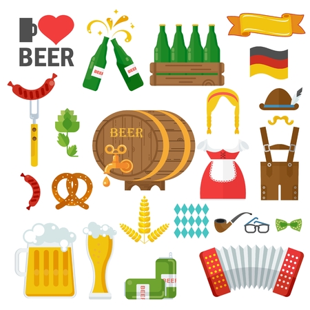 Beer vector icon set. Oktoberfest beer vector set. Design elements for marketing, advertising, promotion, branding and media. Flat cartoon illustration. Objects isolated on a white background.のイラスト素材