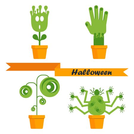 Vector halloween flowers in pots. Design elements for advertising and promotion. Flat cartoon illustration. Objects isolated on white background.のイラスト素材