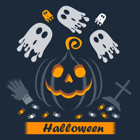 Vector Halloween pumpkin faces glowing on black background. Halloween kids party poster. Design elements for advertising, promotion. Flat cartoon illustration. Objects isolated on white background.のイラスト素材