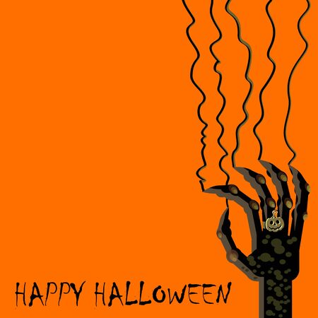 Vector halloween party poster template. Hand with claws scratching wall. Flat cartoon illustration. Objects isolated on background.のイラスト素材