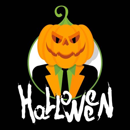 Vector halloween party poster template. Halloween pumpkin with glowing eyes dressed in jacket. Flat cartoon illustration. Objects isolated on black background.のイラスト素材