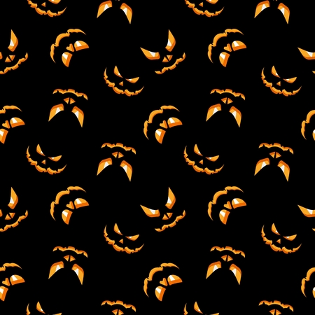 Vector Halloween seamless pattern. Devilish smile of pumpkin burning in the dark. Design elements for halloween party poster. Flat cartoon illustration. Objects isolated on black background.のイラスト素材
