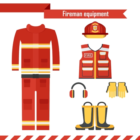 Vector safety equipment. Red high visibility protection wear for firefighter and fireman. Fire suit, vest, helmet, mask and boots. Flat cartoon illustration. Objects isolated on white background.のイラスト素材