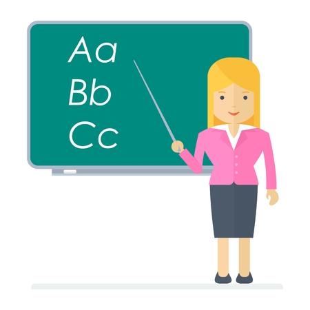 Vector woman teacher at the blackboard in the classroom. Teacher woman character. Tutor. Education concept. Flat cartoon illustration. Objects isolated on a white background.のイラスト素材