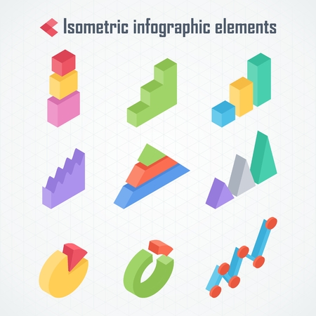 Isometric 3d vector charts. Pie chart, donut chart, layers graphs, pyramid diagram. Infographic presentation, design data finance. Flat charts illustration. Objects isolated on white background.のイラスト素材