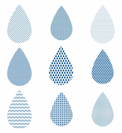 Set of water drops with different textured backgrounds. Flat cartoon stars illustration. Objects isolated on a white background.のイラスト素材