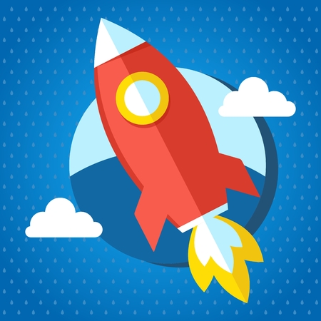 Rocket ship travel to the space. Rocket launch.Project start up and development process. Innovation idea. Management. Flat vector cartoon rocket illustration. Objects isolated on a white background.のイラスト素材