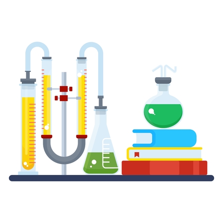 Concept of educational chemistry experiment. Chemist workspace. Chemical reactions research. Flat cartoon laboratory illustration. Objects isolated on a white background.のイラスト素材