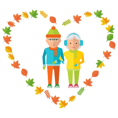 Elderly couple in love wear in warm clothes. Healthy life, walking in the autumn park. Flat cartoon elderly couple illustration. Objects isolated on a white background.のイラスト素材