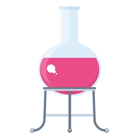 Flask on a tripod. Chemilal equipment. Test tube and flack, chemical burner, laboratory, liquid. Flat vector cartoon chemical illustration. Objects isolated on a white background.のイラスト素材