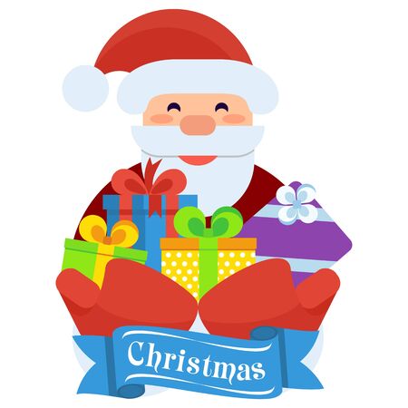 Santa with a gift box. Templates for greeting cards for Christmas and New Year. Flat vector cartoon Santa illustration. Objects isolated on a white background.のイラスト素材