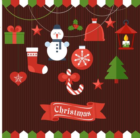 Template greeting card for Christmas. Christmas tree toys hanging on the wall. Flat vector cartoon christmas icons illustration.のイラスト素材