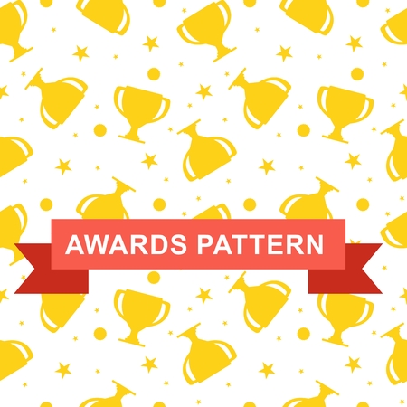 Seamless pattern with gold winner cup, medal and star. Design for advertising, banners, background for social media. Flat vector awards seamless pattern. Objects isolated on a white background.のイラスト素材