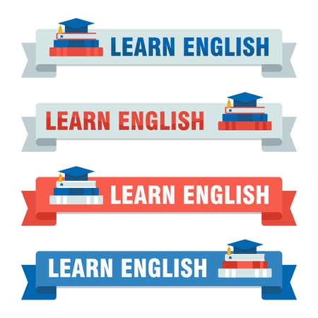 Set of learn english baners. Concept of learning a foreign language. Making educational materials, books and websites. Flat vector cartoon english illustration. Objects isolated on a white background.のイラスト素材