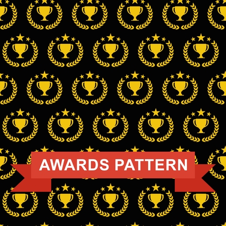 Seamless pattern with gold winner cup, laurel wreath, medal and star. Design for advertising, banners, social media. Flat vector awards seamless pattern. Objects isolated on a white background.のイラスト素材