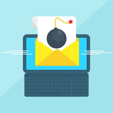 Laptop with envelope and document on screen. Bomb in message. E-mail, email marketing, internet advertising concepts. Flat vector cartoon illustration. Objects isolated on a white background.のイラスト素材