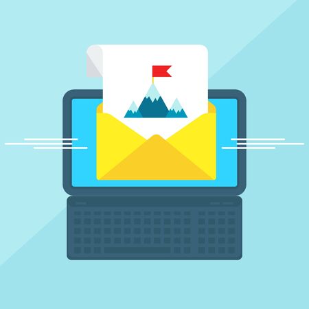 Laptop with envelope and document on screen. Message of victory flag at the peak of mountain. Internet advertising concepts. Flat vector cartoon illustration. Objects isolated on a white background.のイラスト素材