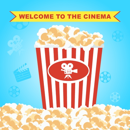 Cinema concept with popcorn. Flat vector cartoon cinema illustration. Objects isolated on a white background.のイラスト素材