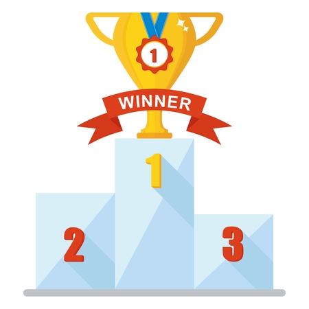 Victory Podium with first, second and third place. Cup and medl. Conceptual image competition winner.Cartoon flat vector illustration. Objects isolated on a background.のイラスト素材
